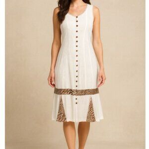 Raya Sun Dress White Summer Embroidered Animal Print Trim Womens Size S